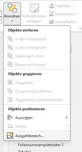 Menü Anordnen mit Auswahlbereich