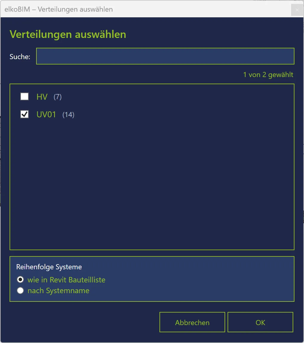 Dialog „Verteilungen auswählen“ mit Filterfeld und Reihenfolge-Auswahl