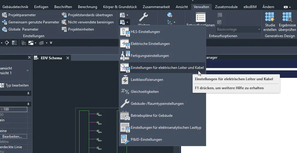 Menü Einstellungen für elektrischen Leiter und Kabel