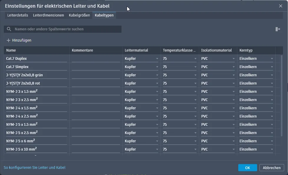 Reiter Kabeltypen in den Einstellungen für elektrischen Leiter und Kabel
