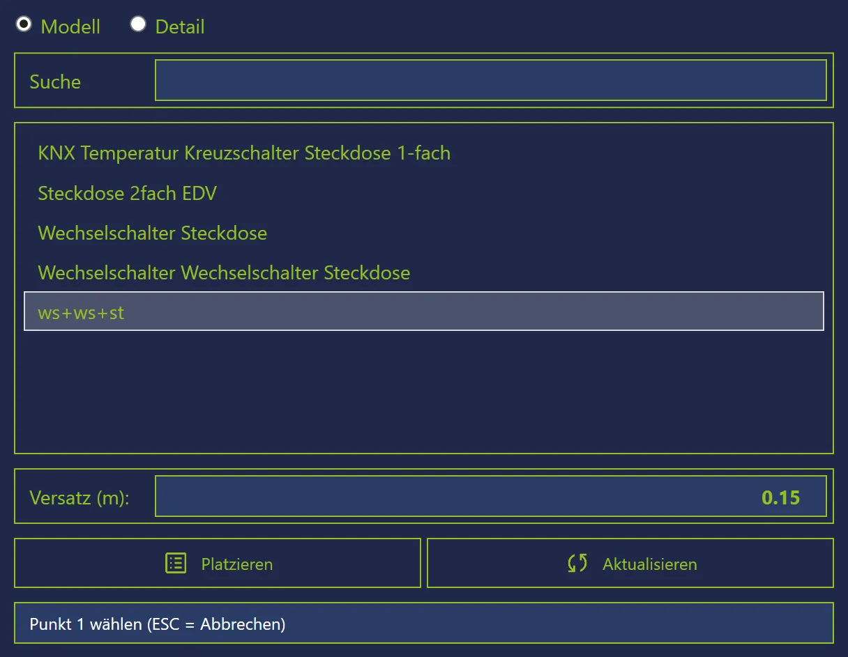 Gruppenmanager mit Modell-/Detail-Umschalter, Gruppenliste, Versatz-Feld und Statuszeile