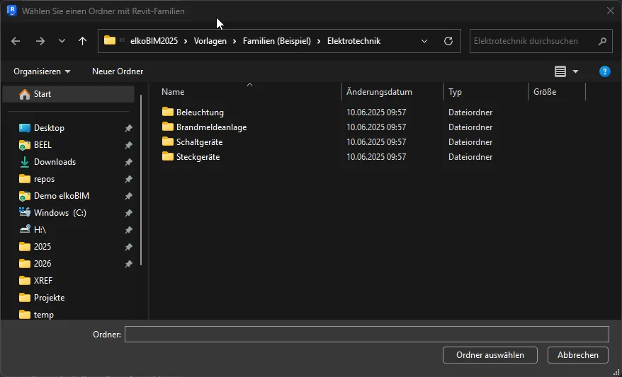 Dialog zur Ordnerauswahl mit Revit-Familien