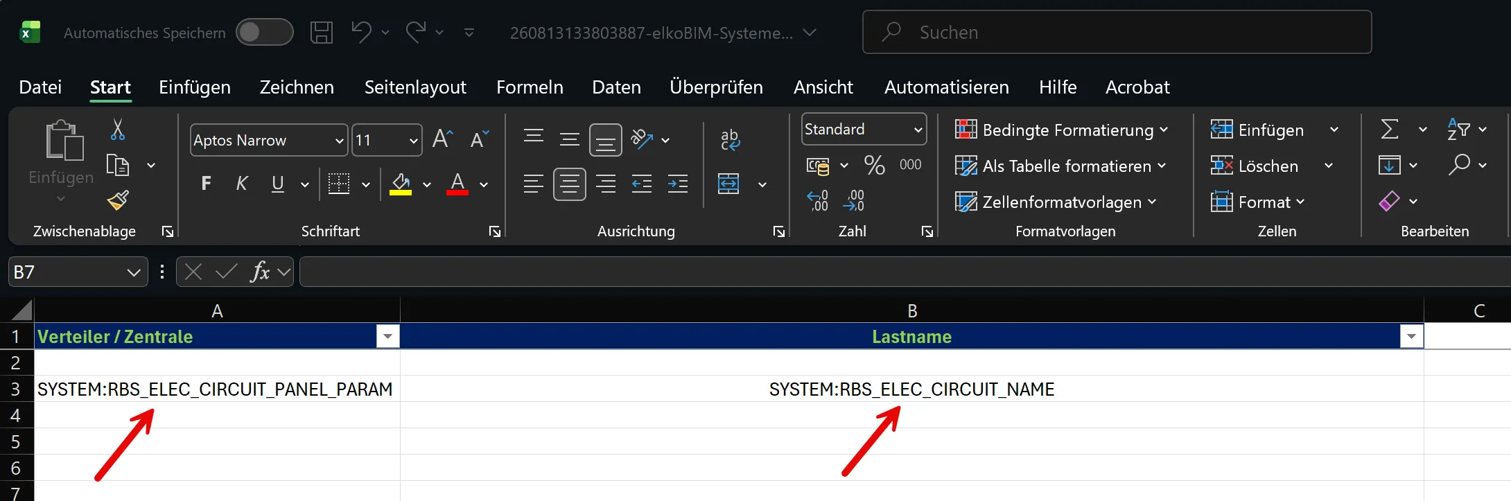 Vorlage mit Token-Zeile: In Zeile 3 stehen die Token unter den Spaltenüberschriften